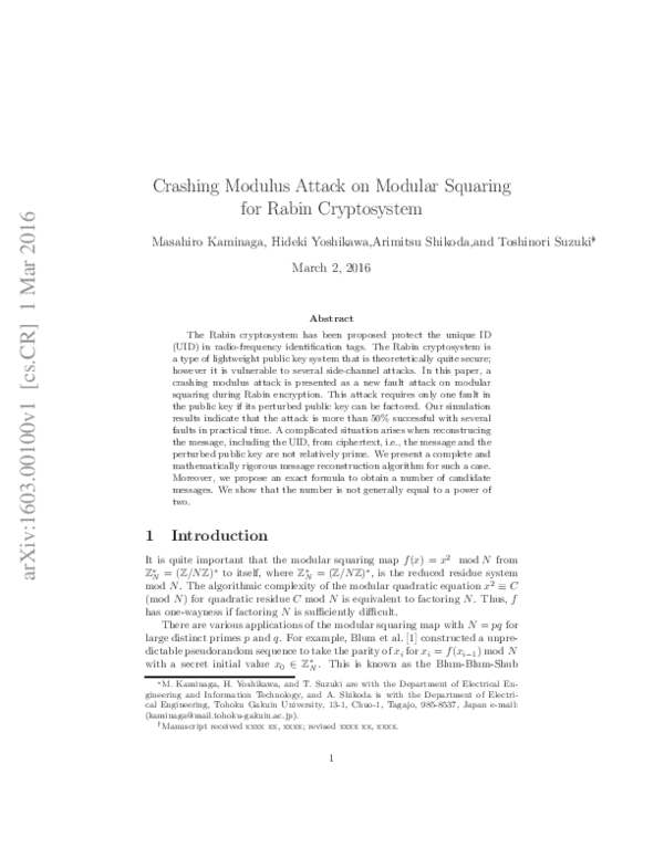 (PDF) Crashing Modulus Attack on Modular Squaring for Rabin Cryptosystem