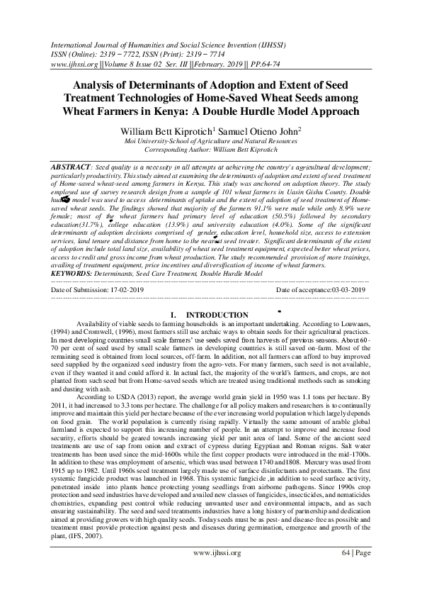 (PDF) Analysis of Determinants of Adoption and Extent of Seed Treatment ...