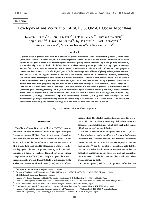 (PDF) Development and Verification of SGLI/GCOM-C1 Ocean Algorithms