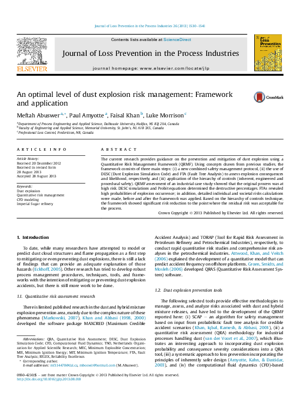 (PDF) An optimal level of dust explosion risk management Framework and