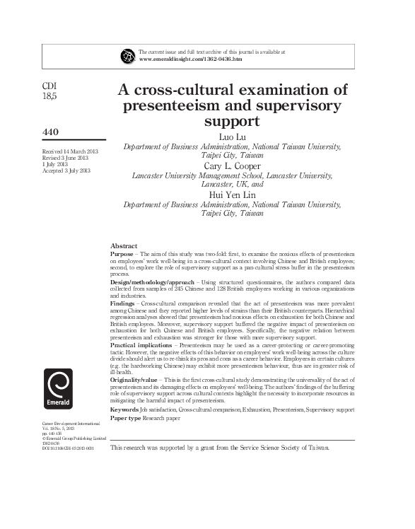 (PDF) A cross-cultural examination of presenteeism and supervisory support