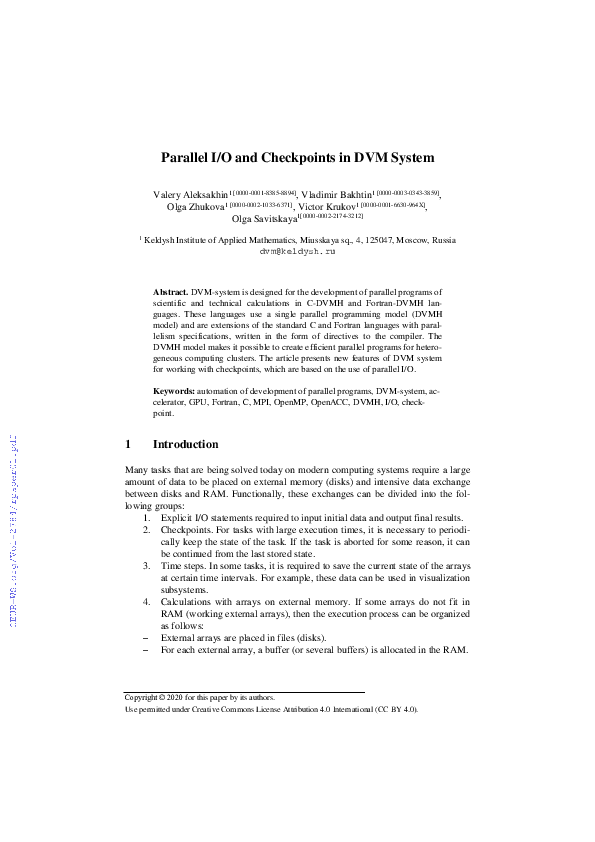 (PDF) Parallel I/O and Checkpoints in DVM System