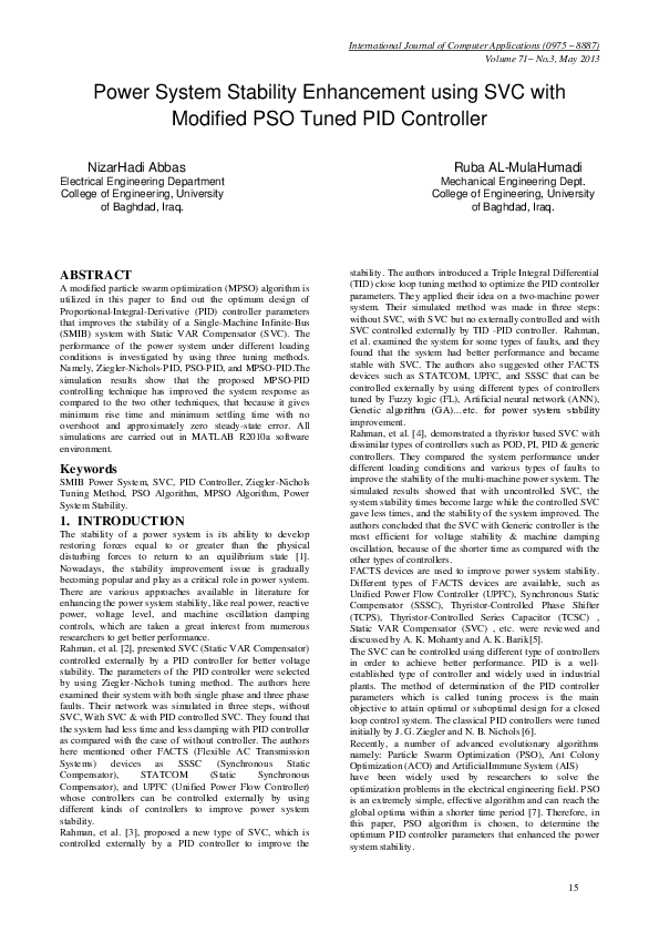 (PDF) Power System Stability Enhancement using SVC with Modified PSO ...