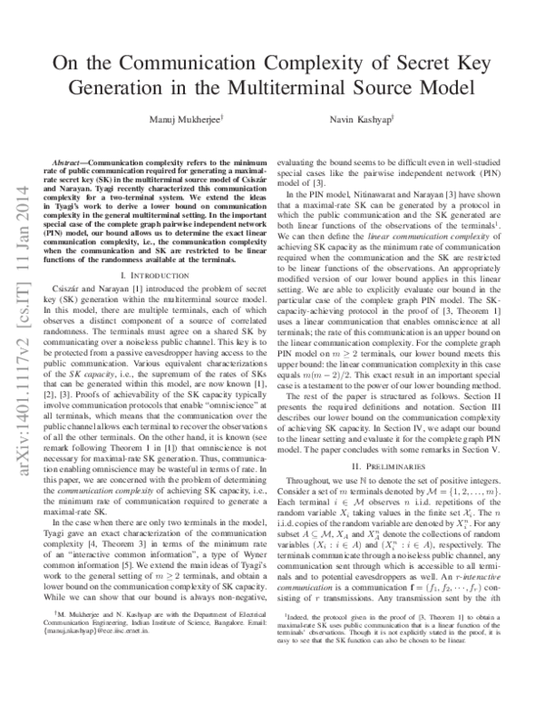 (PDF) On the communication complexity of secret key generation in the ...