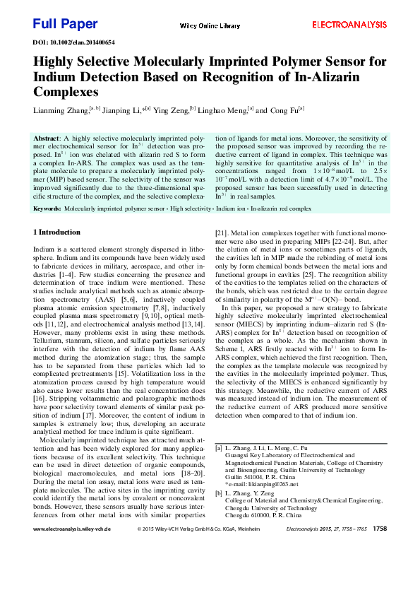 (PDF) Highly Selective Molecularly Imprinted Polymer Sensor for Indium ...