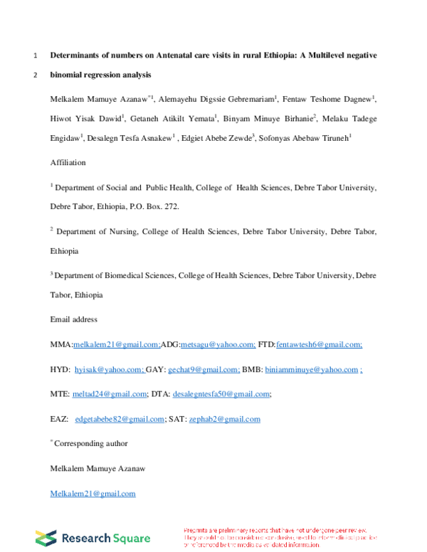 (PDF) Determinants of Numbers on Antenatal Care Visits in Rural ...