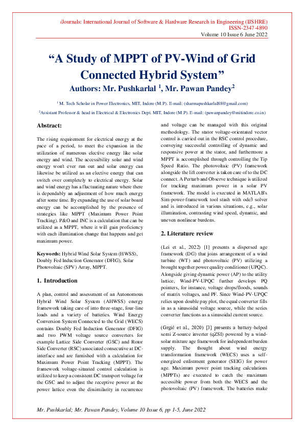(PDF) "A Study of MPPT of PV-Wind of Grid Connected Hybrid System"
