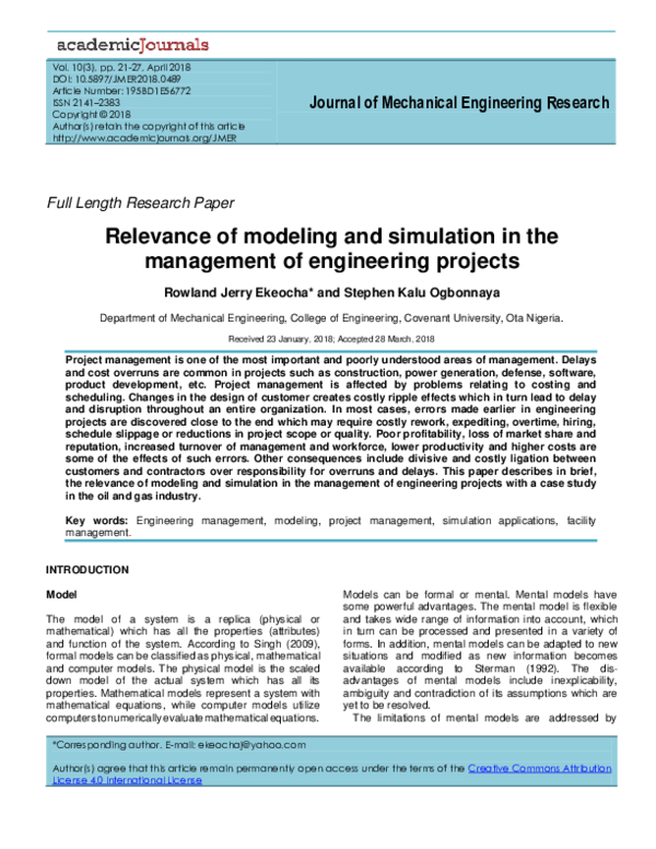 (PDF) Relevance of modeling and simulation in the management of ...