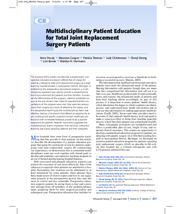 (PDF) Multidisciplinary Patient Education for Total Joint Replacement ...