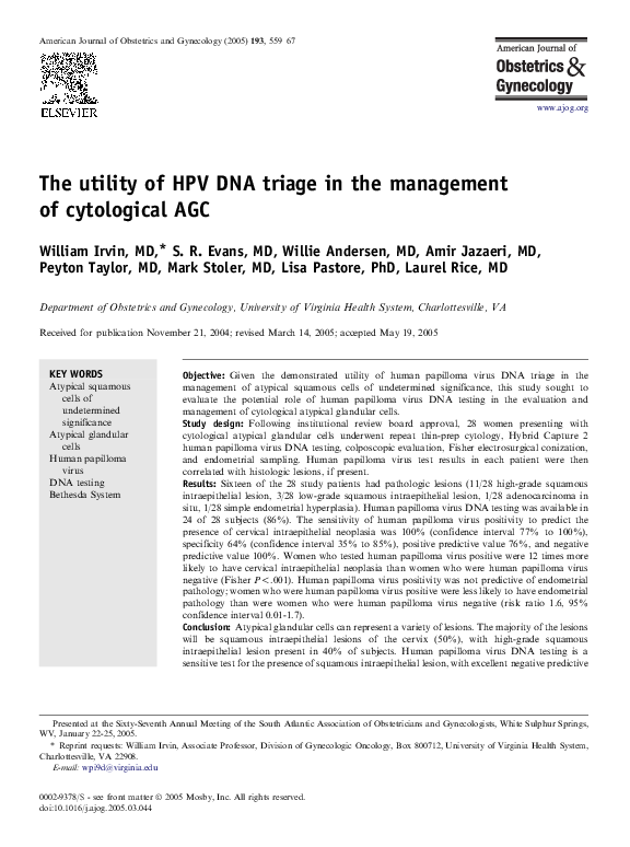 (PDF) The utility of HPV DNA triage in the management of cytological AGC