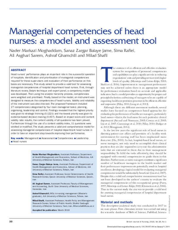 (PDF) Managerial competencies of head nurses: a model and assessment tool