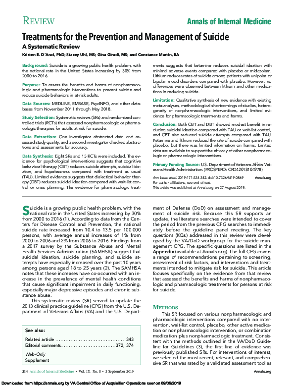 (PDF) Treatments for the Prevention and Management of Suicide