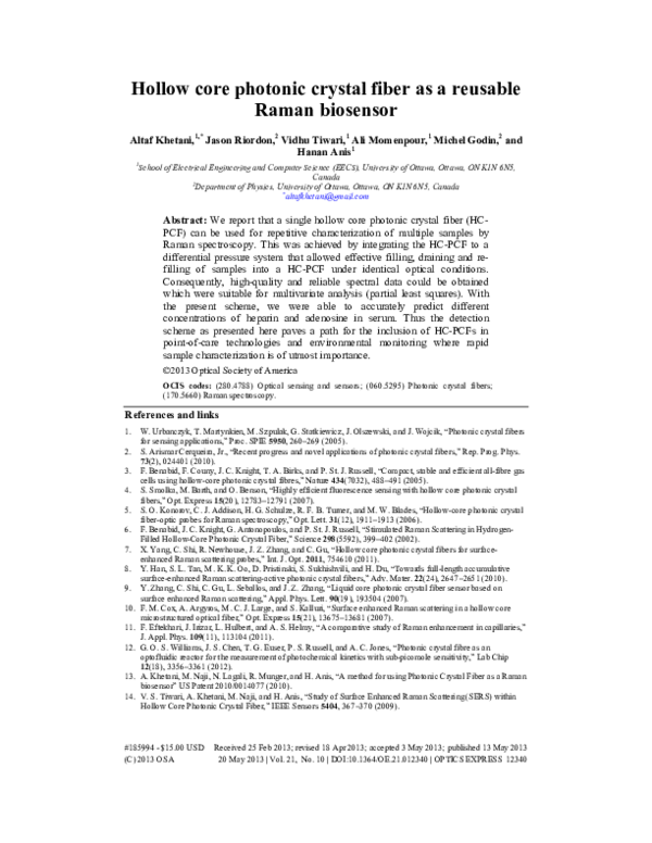 (PDF) Hollow core photonic crystal fiber as a reusable Raman biosensor