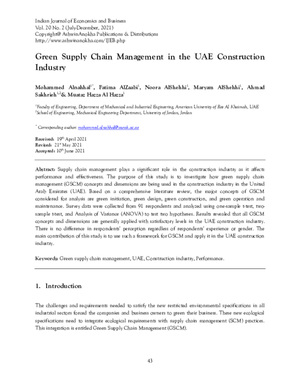 (PDF) Green Supply Chain Management in the UAE Construction Industry ahmad sakhrieh Academia.edu