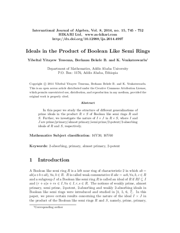(PDF) Ideals in the product of Boolean like semi rings