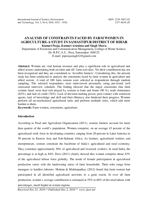 (PDF) Analysis of Constraints Faced by Farm Women in Agriculture-A ...