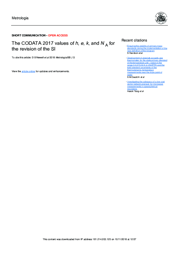 (PDF) The CODATA 2017 values ofh,e,k, andNAfor the revision of the SI