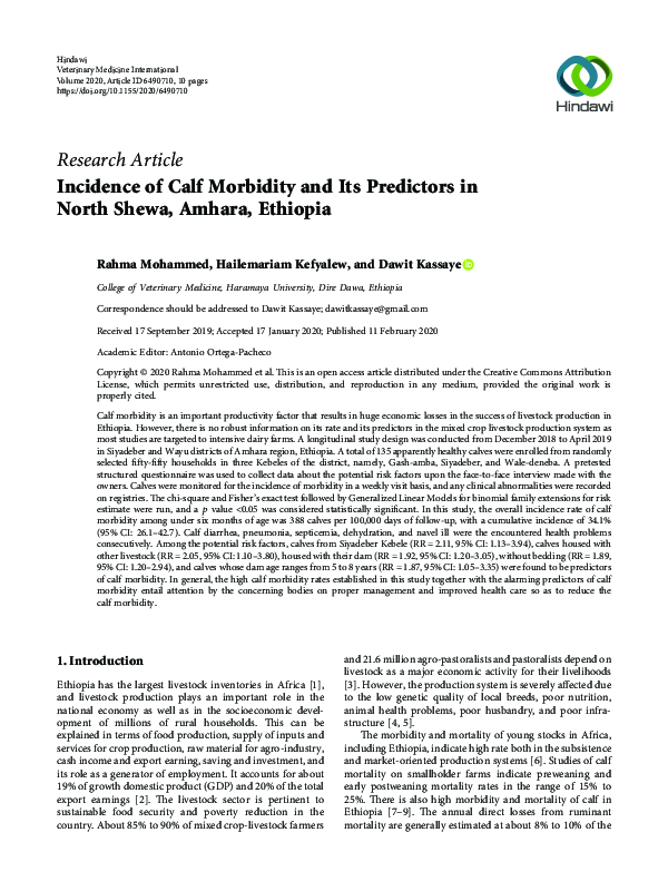 (PDF) Incidence of Calf Morbidity and Its Predictors in North Shewa ...