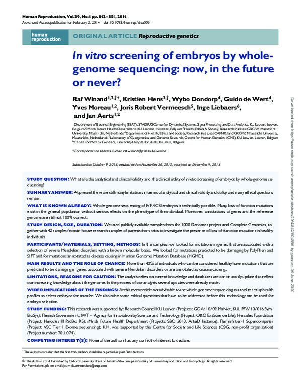 (PDF) In vitro screening of embryos by whole-genome sequencing: now, in ...