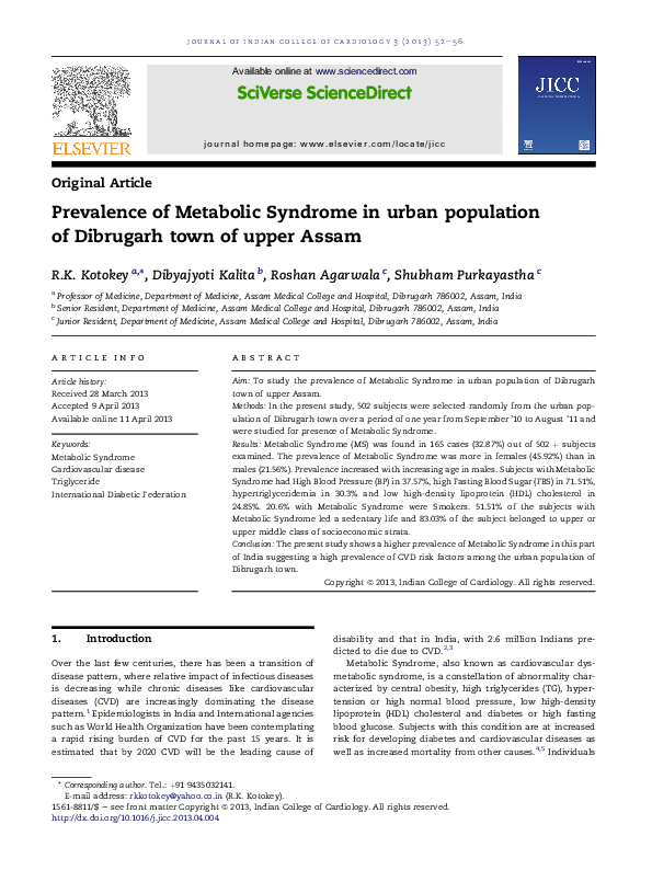 (PDF) Prevalence of Metabolic Syndrome in urban population of Dibrugarh ...