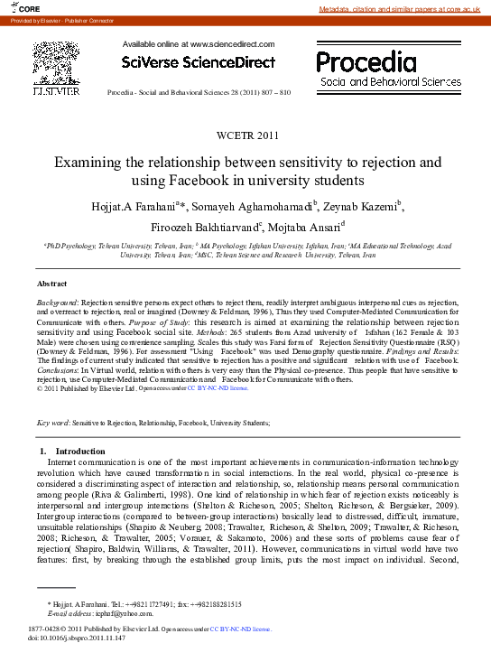  PDF Examining The Relationship Between Sensitivity To Rejection And Using Facebook In 