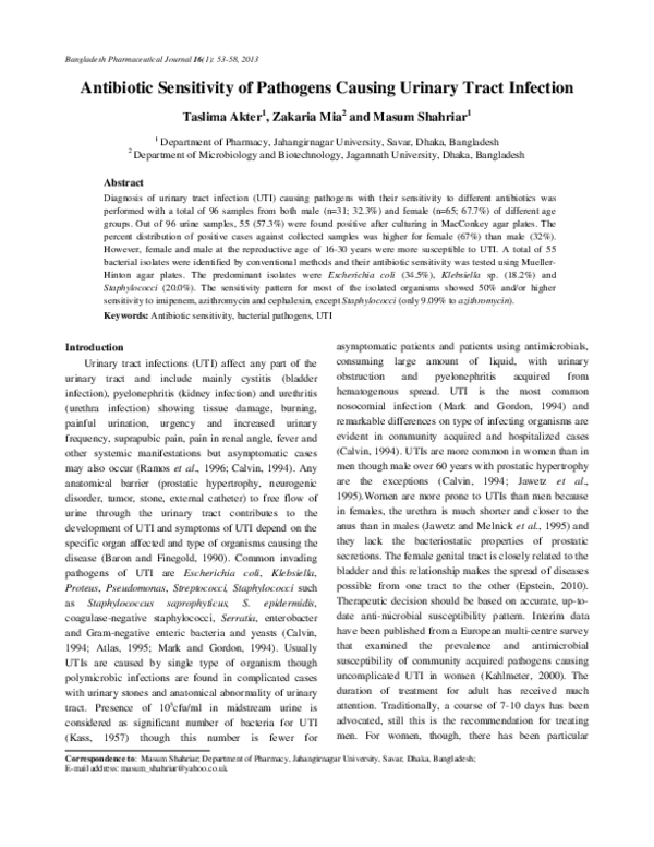 (PDF) Antibiotic Sensitivity of Pathogens Causing Urinary Tract Infection