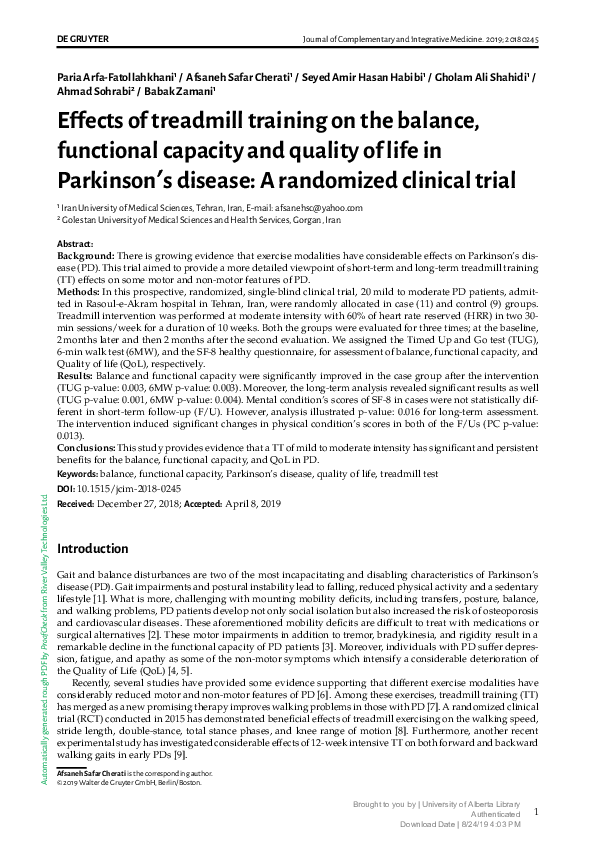 (PDF) Effects of treadmill training on the balance, functional capacity ...