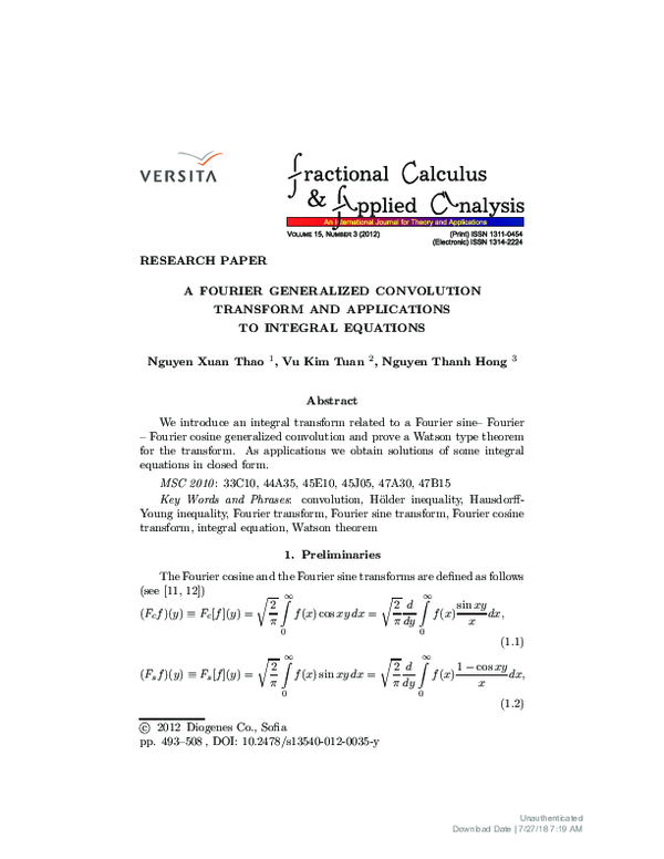 (PDF) A Fourier generalized convolution transform and applications to ...