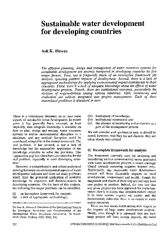 (PDF) Sustainable water development for developing countries Prof