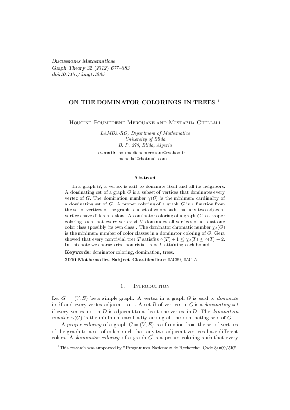(PDF) On the Dominator Colorings in Trees 1