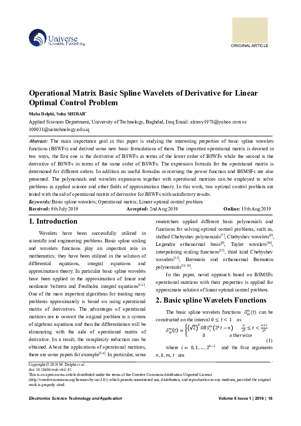 (PDF) Operational Matrix Basic Spline Wavelets of Derivative for linear ...
