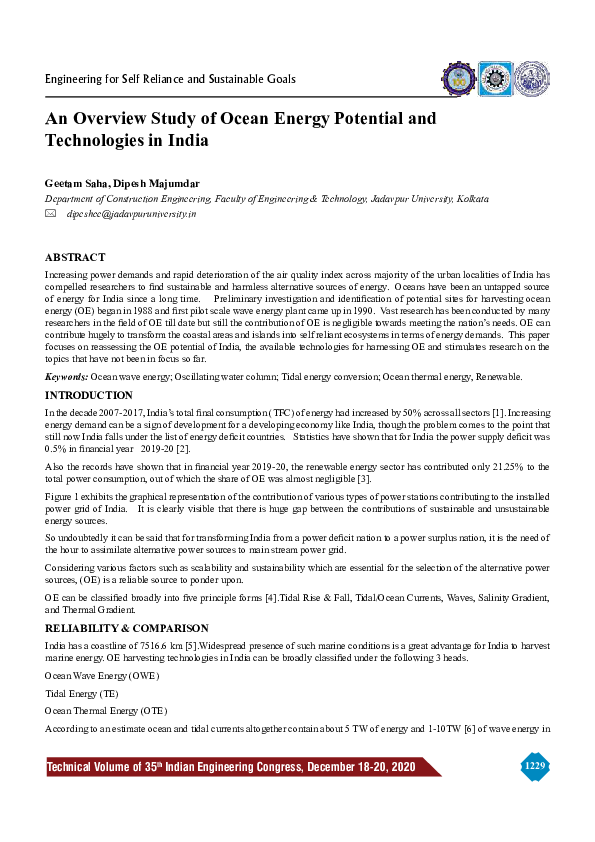 (PDF) An Overview Study of Ocean Energy Potential and Technologies in India