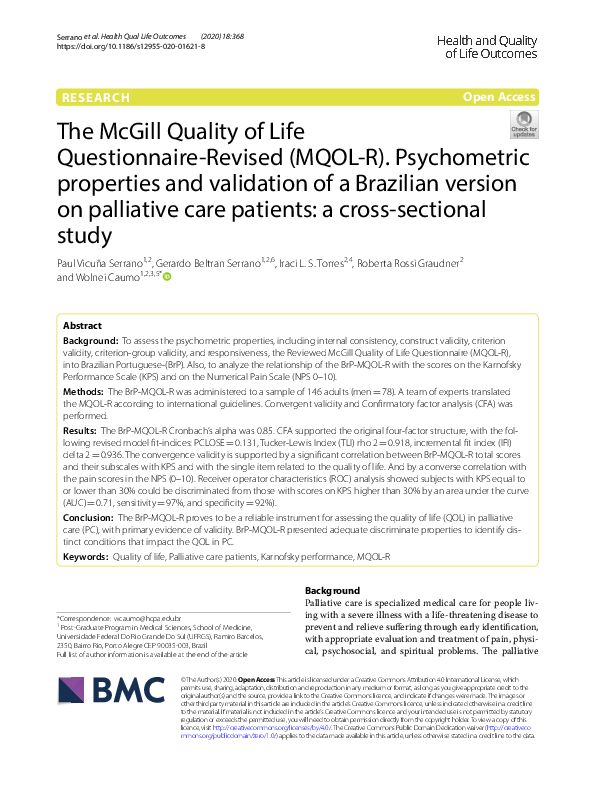 (PDF) The McGill Quality of Life QuestionnaireRevised (MQOLR