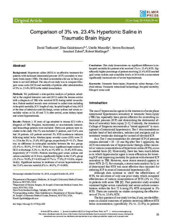 (PDF) Comparison of 3% vs. 23.4% Hypertonic Saline in Traumatic Brain ...