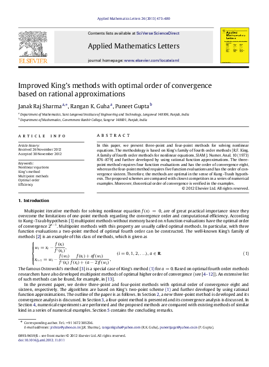 (PDF) Improved King’s methods with optimal order of convergence based ...