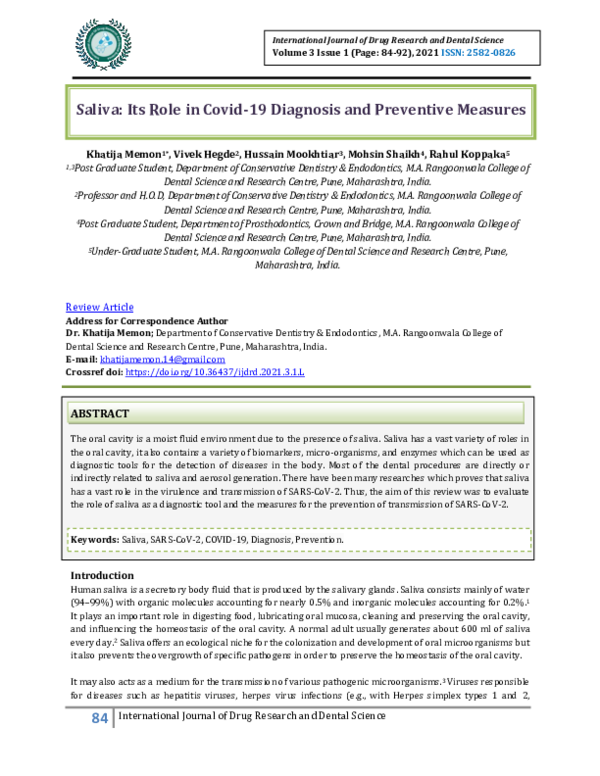 (PDF) Saliva: Its Role in Covid-19 Diagnosis and Preventive Measures
