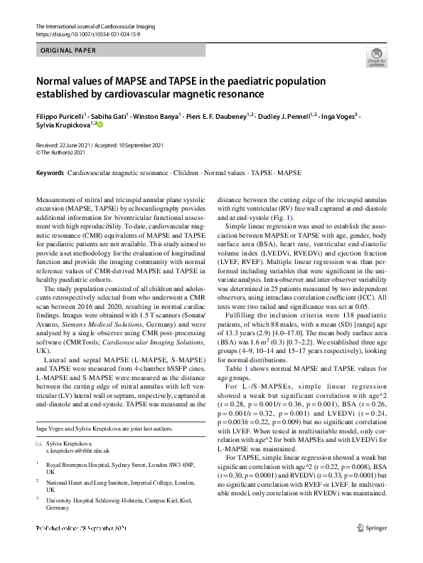 (PDF) Normal values of MAPSE and TAPSE in the paediatric population