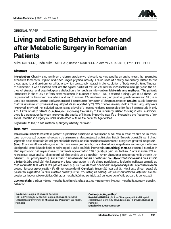 (PDF) Living and Eating Behavior before and after Metabolic Surgery in ...