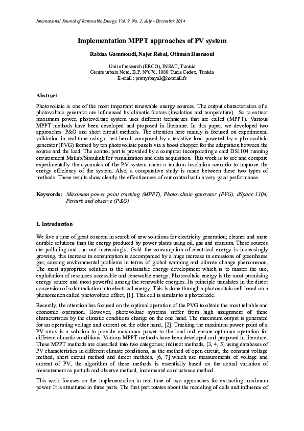 (PDF) Implementation MPPT approaches of PV system