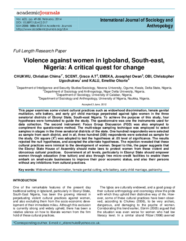 (PDF) Violence against women in Igboland, South-east, Nigeria: A ...