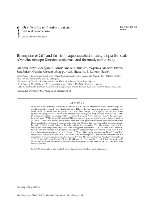 (PDF) Biosorption of Cd2+ and Zn2+ from aqueous solution using tilapia ...