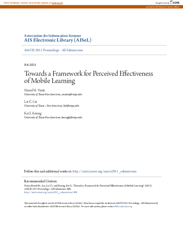 (PDF) Towards a Framework for Perceived Effectiveness of Mobile Learning