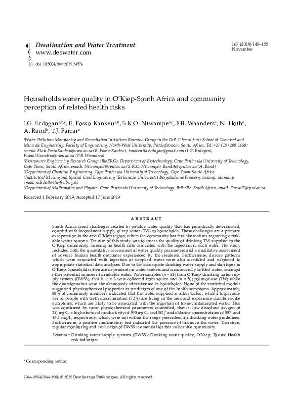 (PDF) Households water quality in O’Kiep-South Africa and community ...