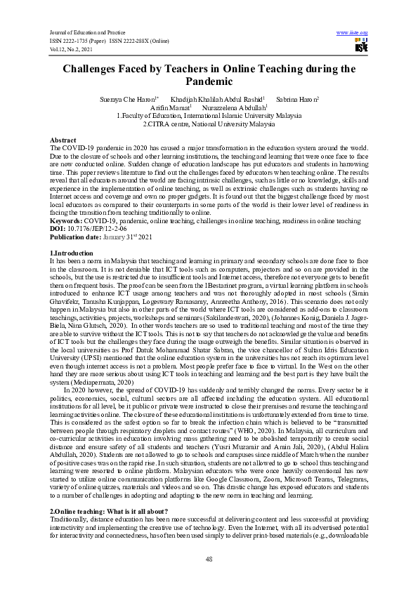 (PDF) Challenges Faced by Teachers in Online Teaching during the Pandemic