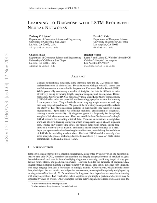 (PDF) Learning to Diagnose with LSTM Recurrent Neural Networks