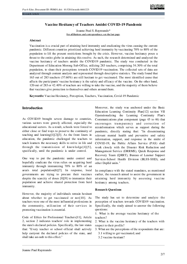 (PDF) Vaccine Hesitancy of Teachers Amidst COVID-19 Pandemic