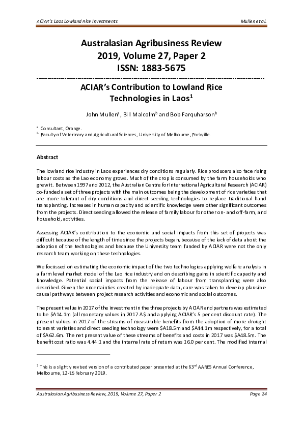 (PDF) ACIAR's Contribution to Lowland Rice Technologies in Laos