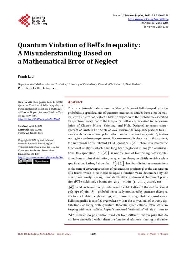 (PDF) Quantum Violation of Bell’s Inequality: A Misunderstanding Based ...