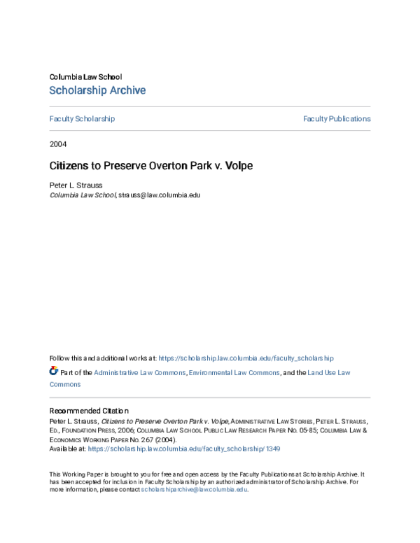 (PDF) Citizens to Preserve Overton Park v. Volpe Peter Strauss