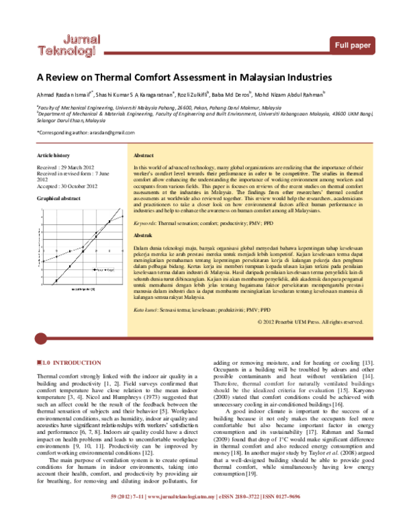 (PDF) A Review on Thermal Comfort Assessment in Malaysian Industries